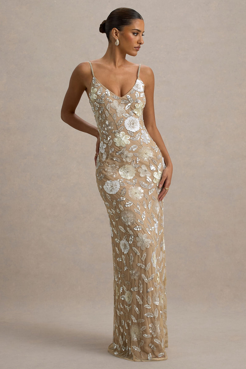 Gemini | Vestido largo de tirantes con lentejuelas florales y detalles hechos a mano