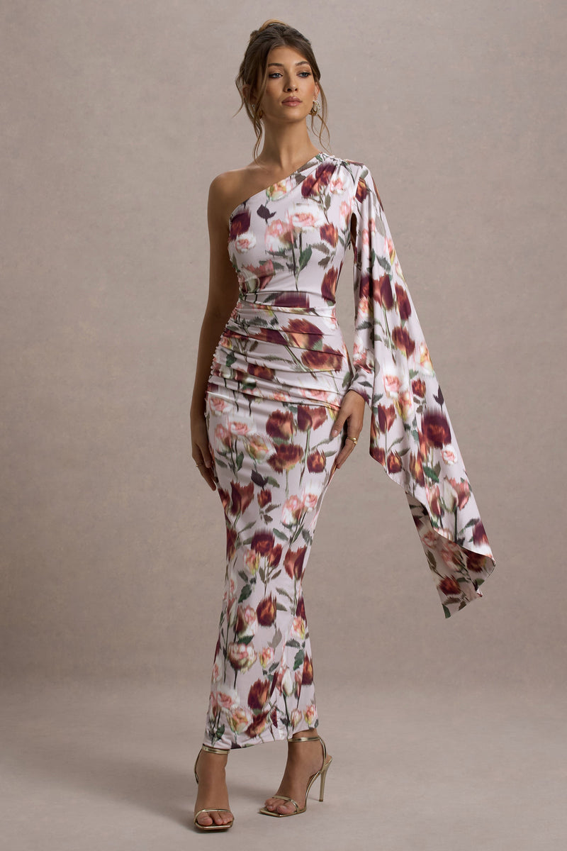 Clementina | Vestido largo asimétrico color crema con estampado floral y mangas tipo capa