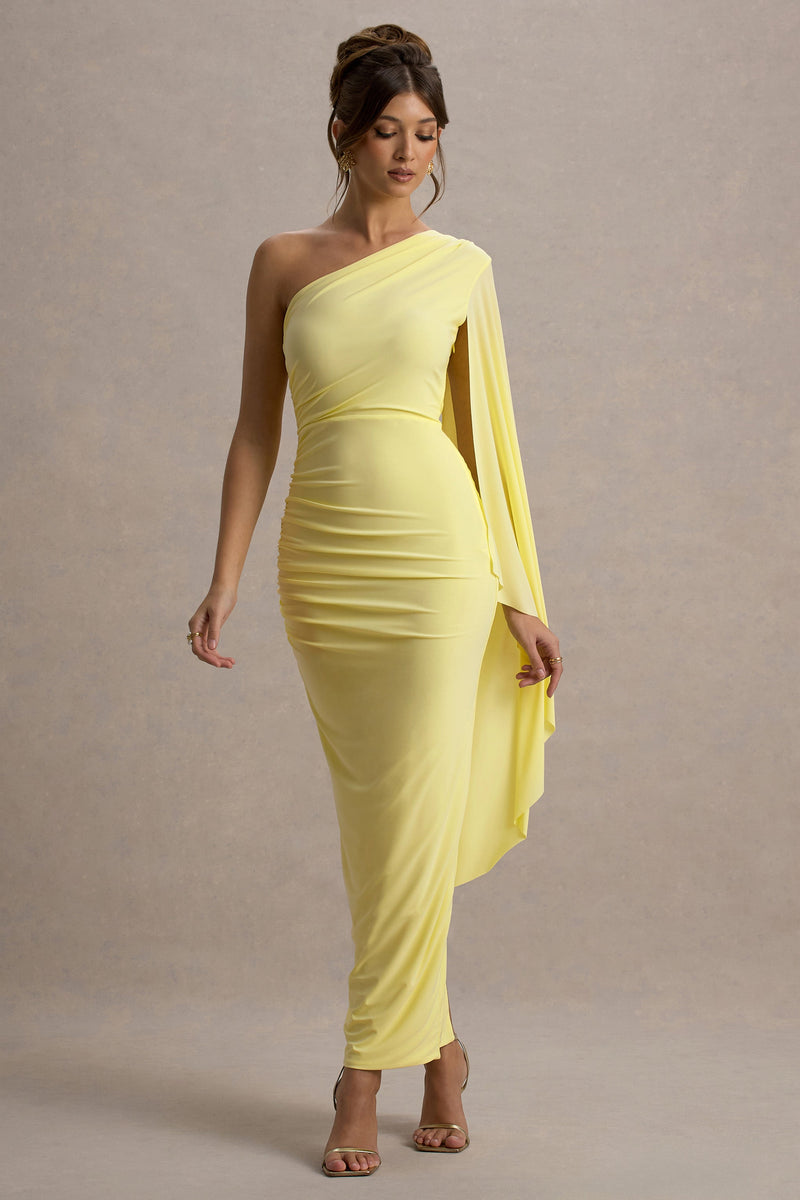 Clementina | Vestido maxi color limón con mangas asimétricas tipo capa