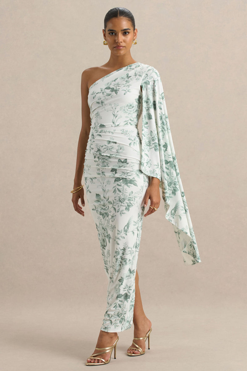 Clementina | Vestido largo verde con estampado de porcelana y mangas tipo capa asimétricas