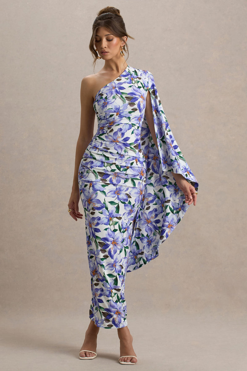Clementina | Vestido largo asimétrico con mangas tipo capa y estampado de lirios morados