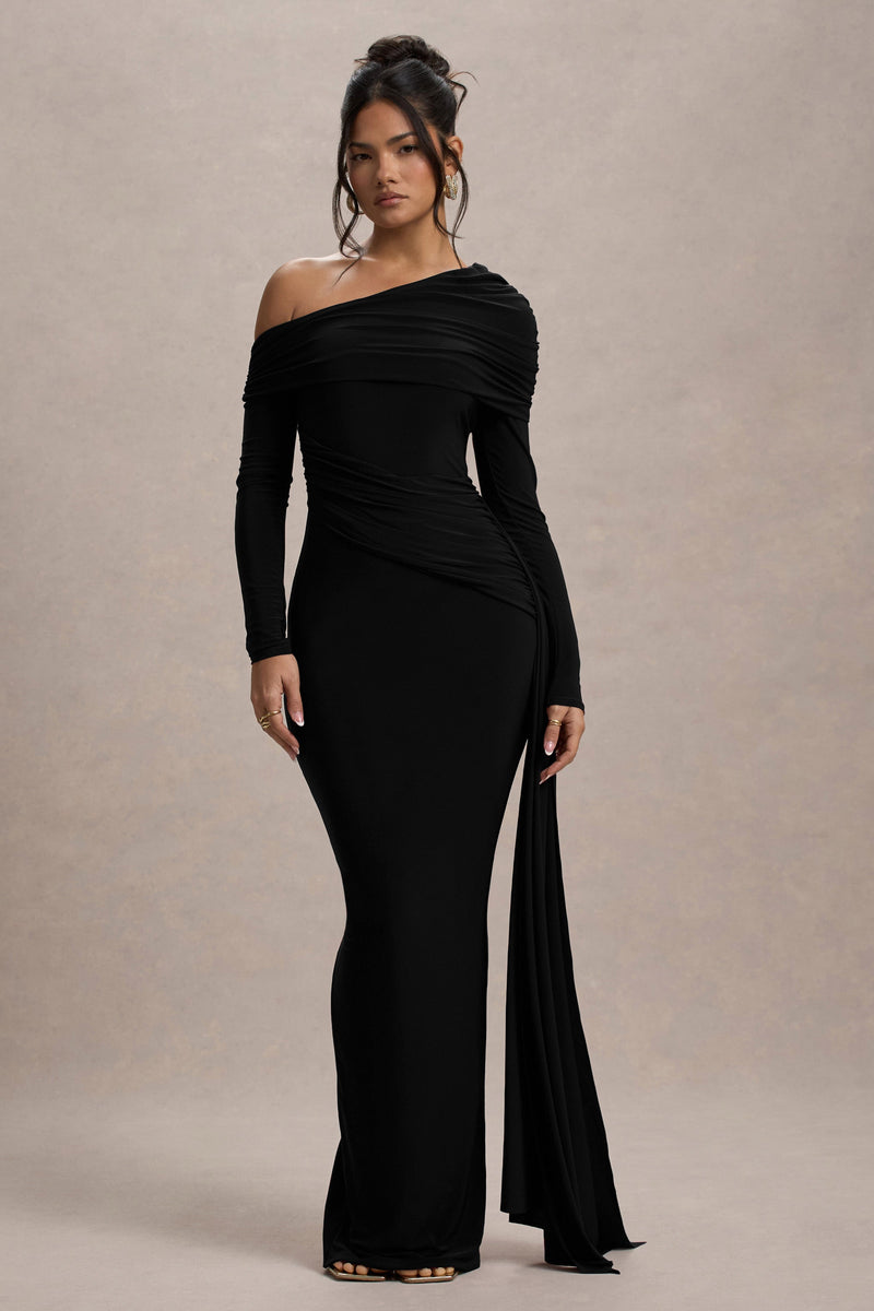 Valina | Vestido maxi negro asimétrico fruncido con drapeado
