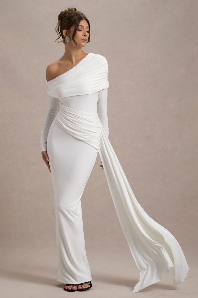 Valina | Vestido maxi blanco asimétrico fruncido con drapeado