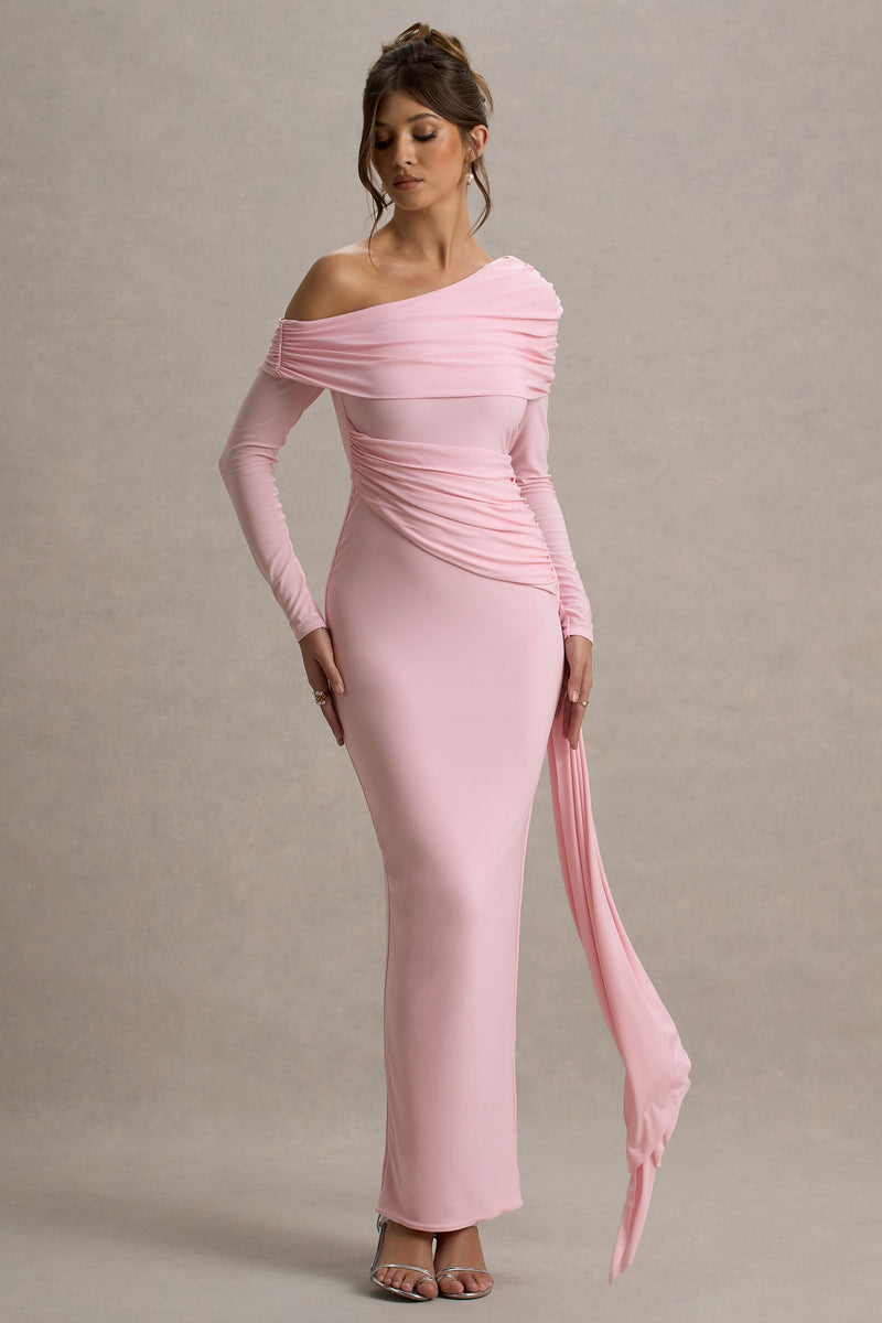 Valina | Vestido largo asimétrico rosa con fruncido y drapeado