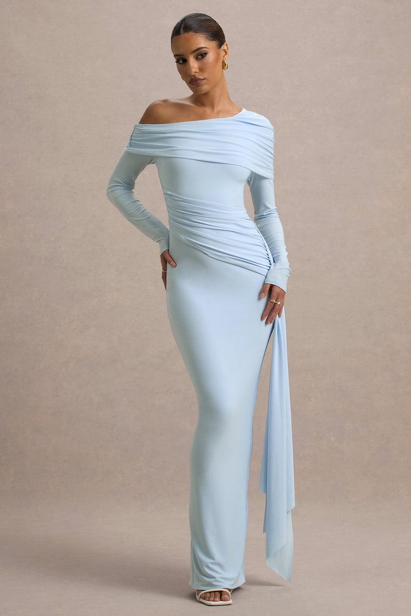 Valina | Vestido maxi asimétrico azul empolvado con fruncido y drapeado