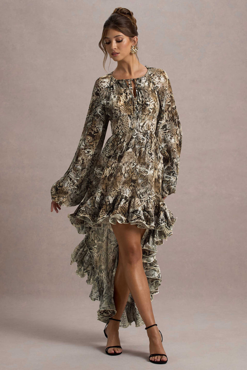 Namir | Vestido largo de gasa con estampado de serpiente y bajo asimétrico