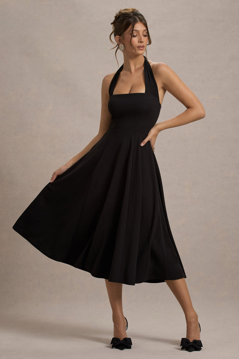 Auburn | Vestido midi negro acampanado con cuello halter