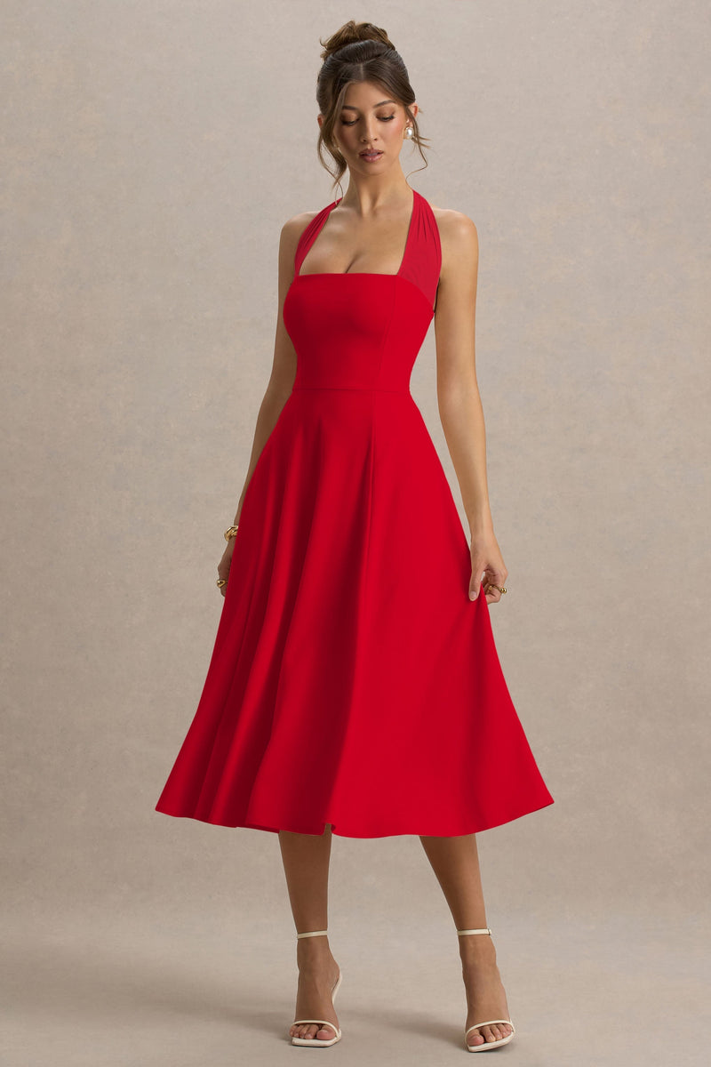 Auburn | Vestido midi rojo evasé con cuello halter