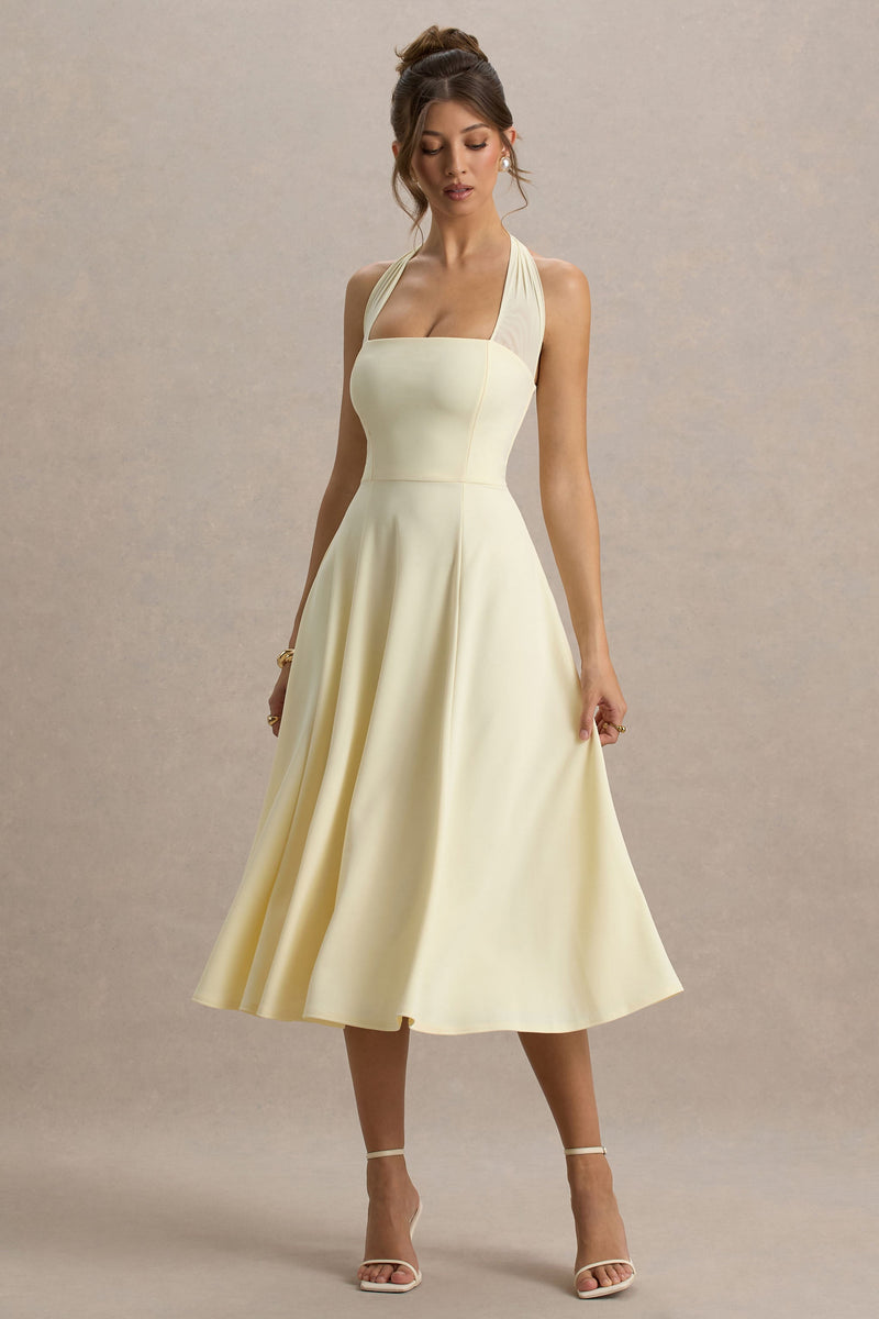 Auburn | Vestido midi amarillo limón pálido de cuello halter y corte skater