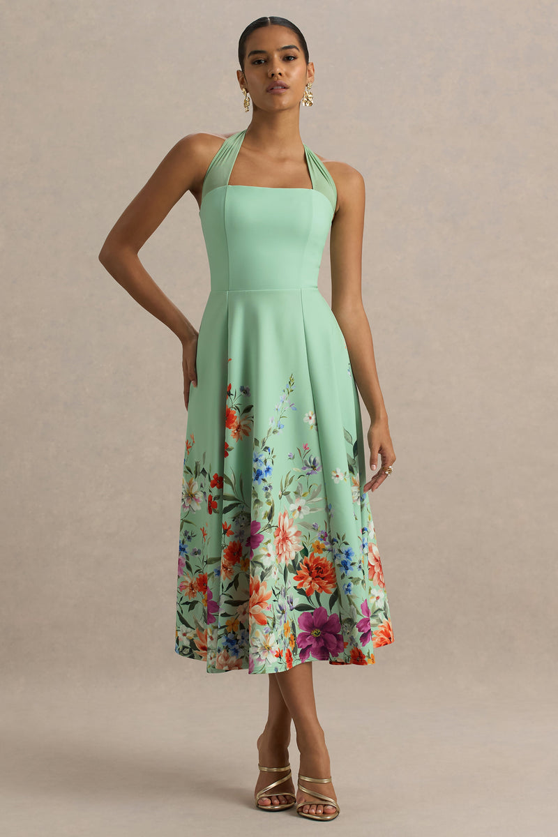 Auburn | Vestido midi de corte skater con cuello halter y estampado floral localizado en verde menta