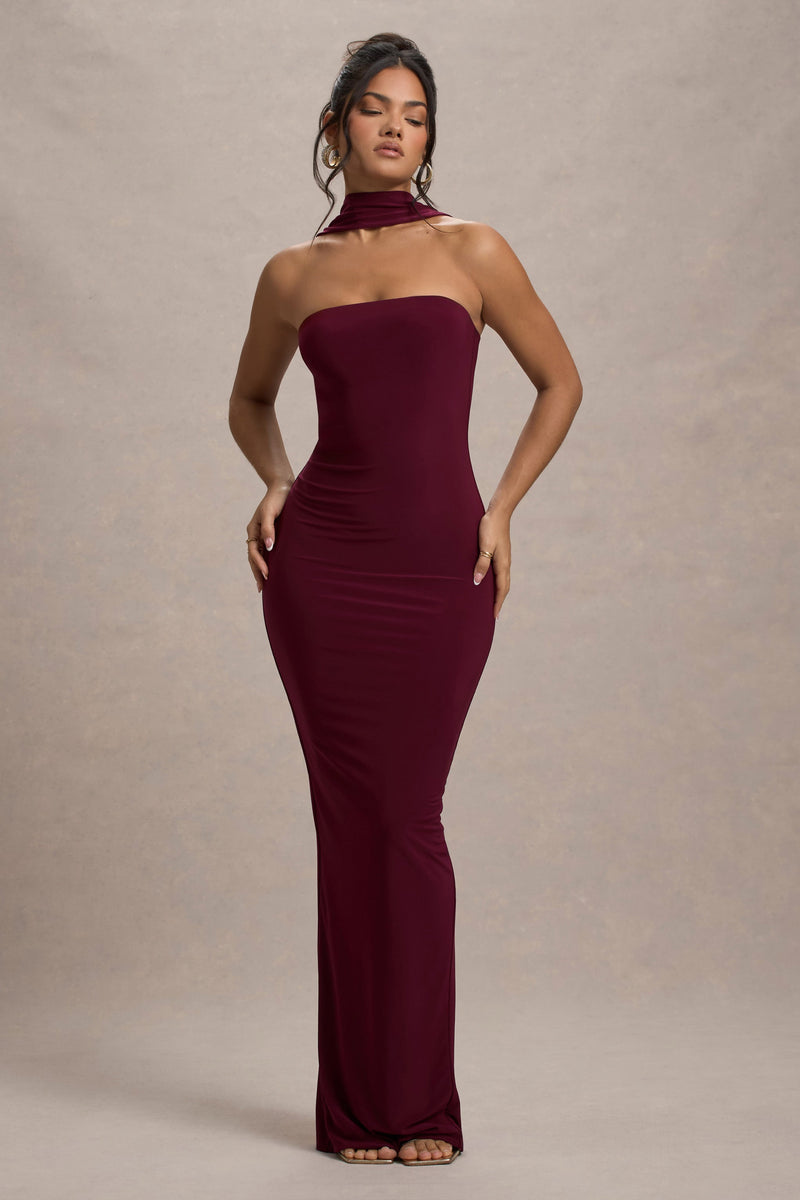 Nobu | Vestido maxi bandeau burdeos con cuello halter