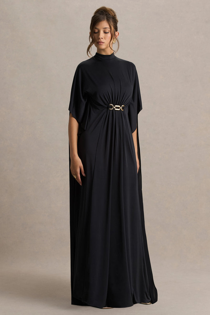 Olessia | Vestido maxi negro fruncido con mangas tipo capa y cinturón