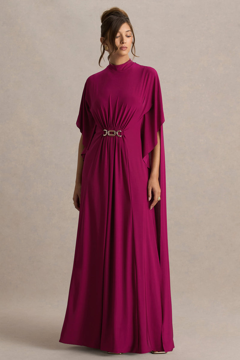 Olessia | Vestido largo burdeos con cinturón, fruncido y mangas tipo capa