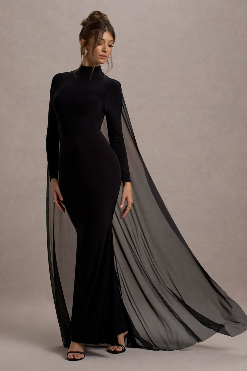 La Nuit | Vestido maxi negro de manga larga y cuello alto con capa