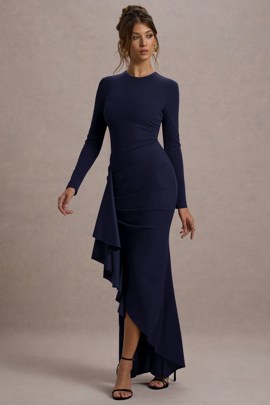 Alayna | Vestido largo azul marino de manga larga con abertura y volantes