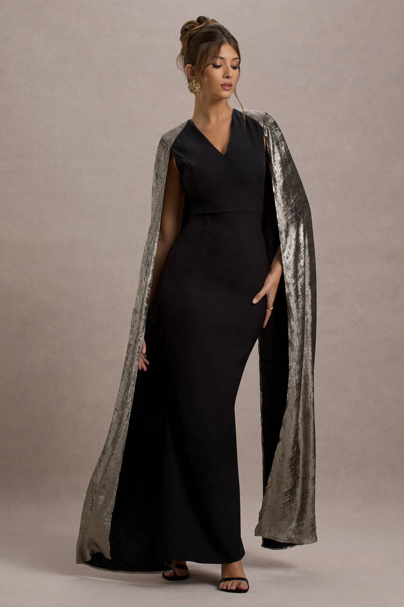 Ilenia | Vestido largo negro con escote en V y capa metálica