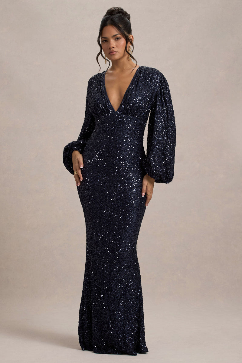 Kaelin | Vestido largo azul marino con lentejuelas y escote profundo