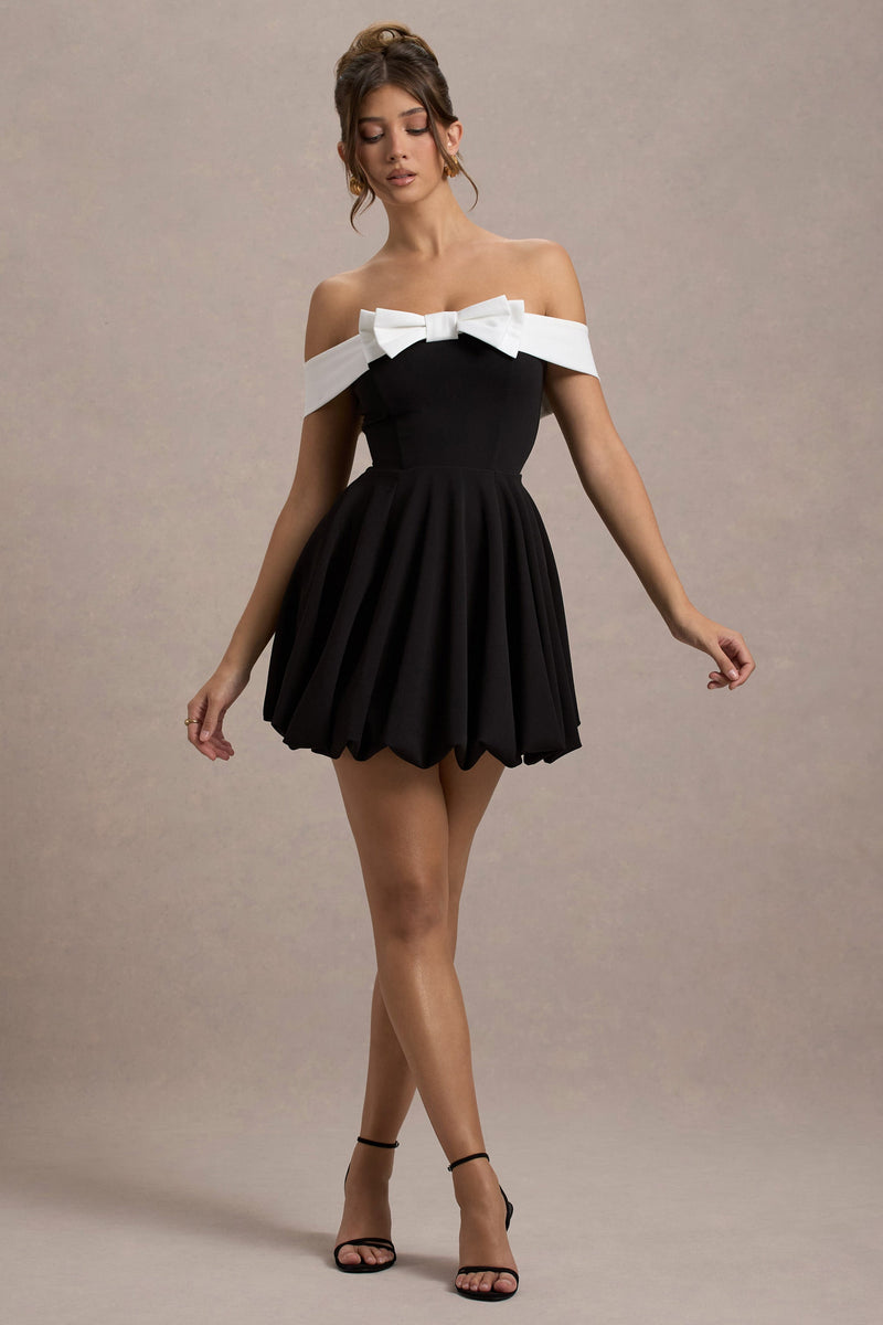 Minimoiselle | Vestido mini Bardot blanco y negro con lazo y falda globo