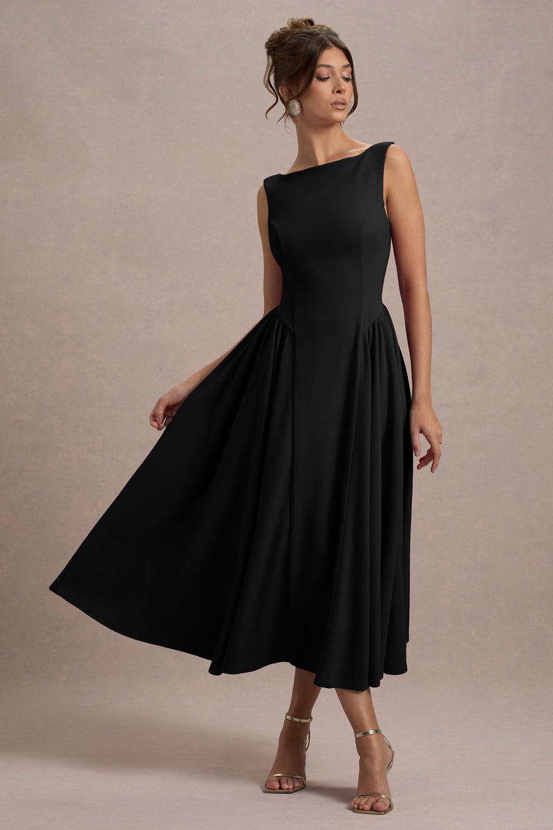 Muriel | Vestido midi negro con escote barco y bajo voluminoso