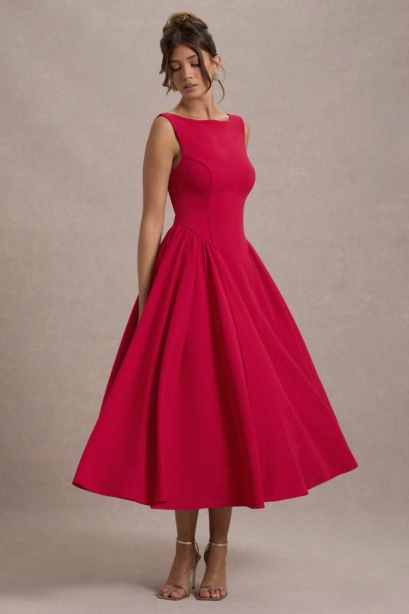 Muriel | Vestido midi rojo de escote barco y bajo voluminoso
