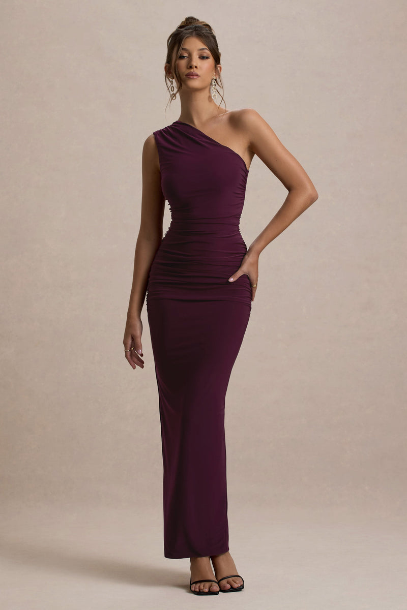 Dalarie | Vestido largo fruncido de un solo hombro color vino