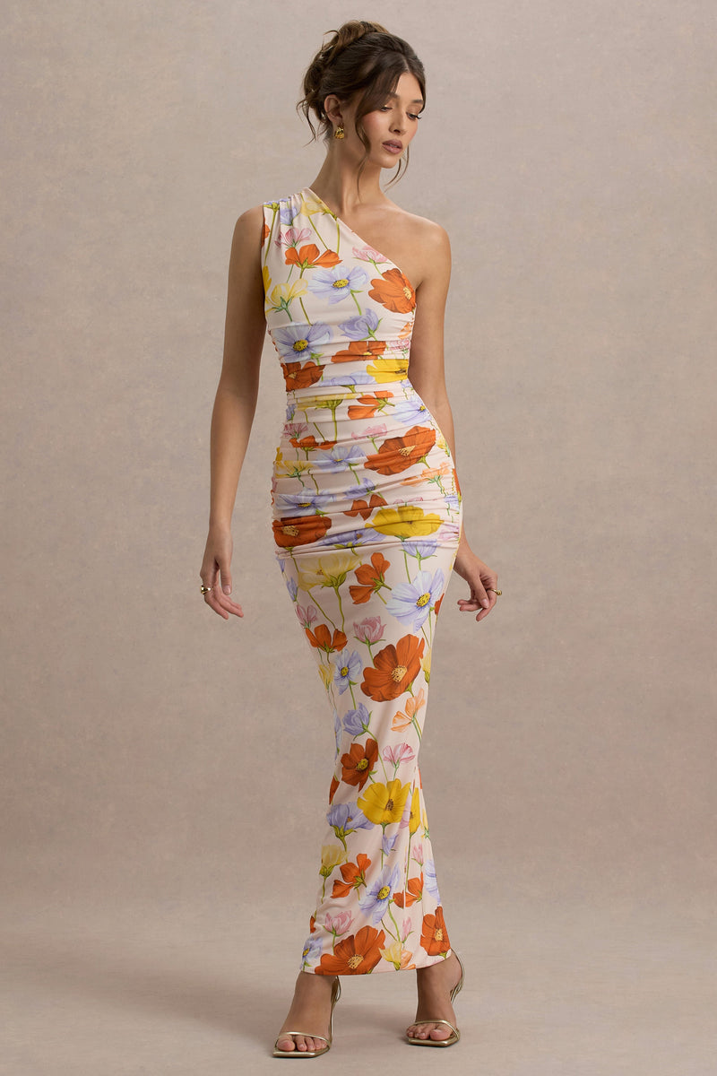 Dalarie | Vestido largo fruncido de un solo hombro con estampado floral vibrante