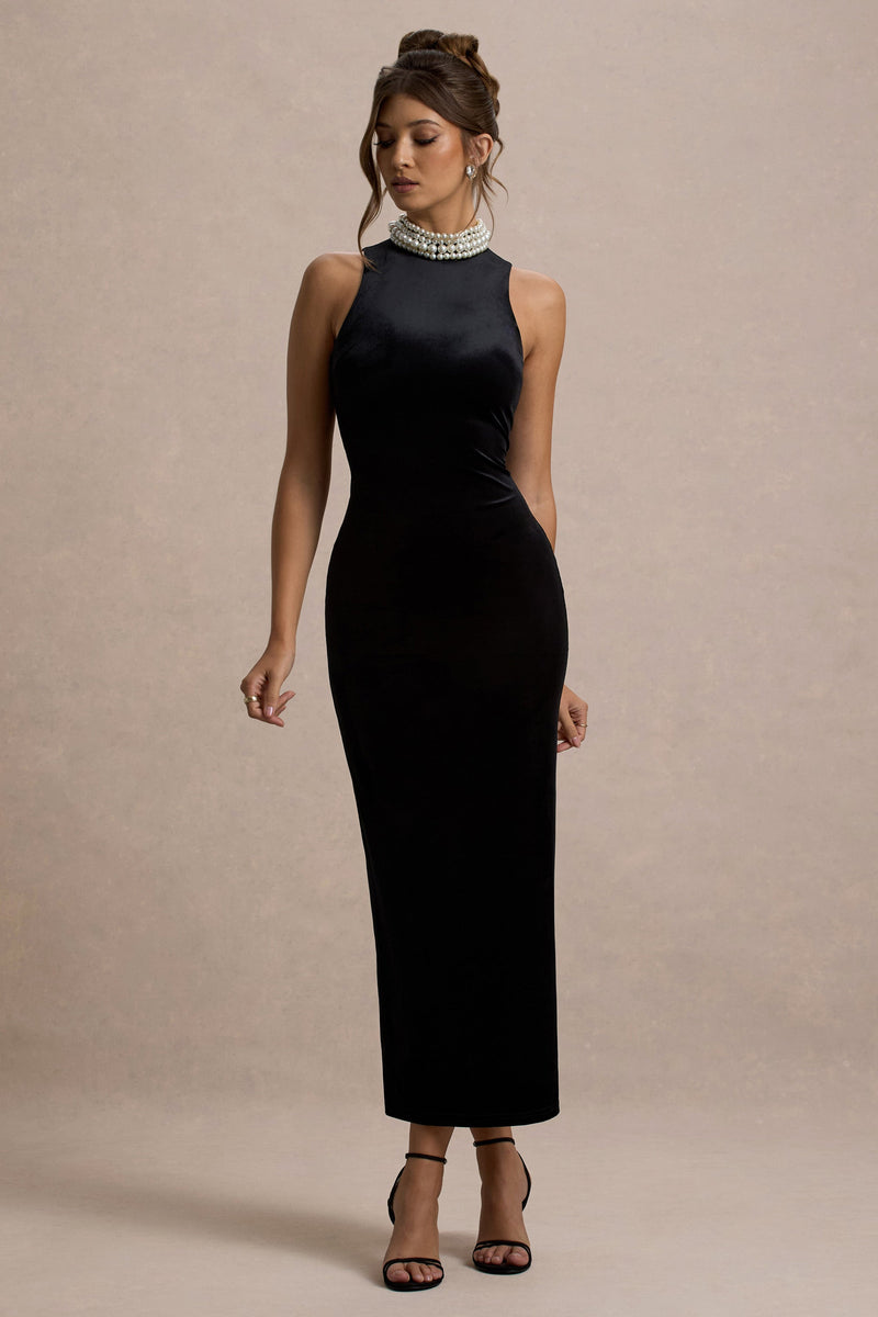 Audrine | Vestido largo de terciopelo negro con adornos y cuello alto