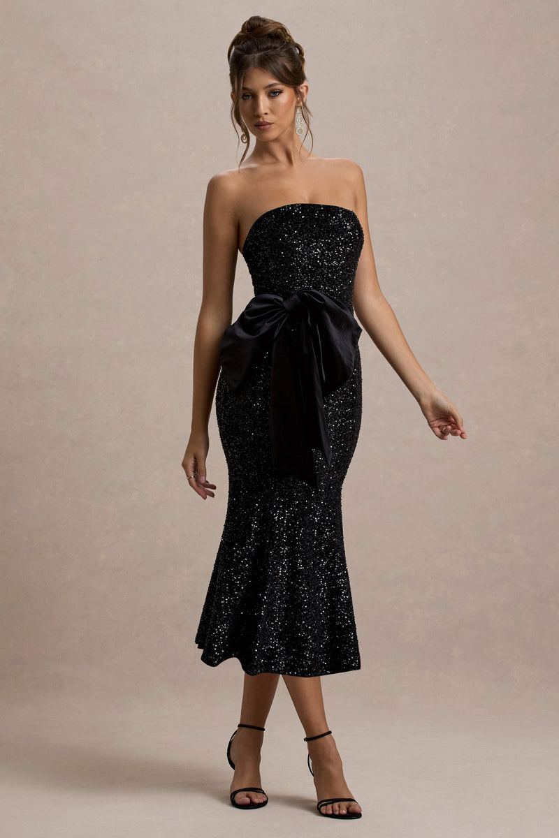 Adee | Vestido midi de terciopelo negro con lentejuelas, escote halter y lazo