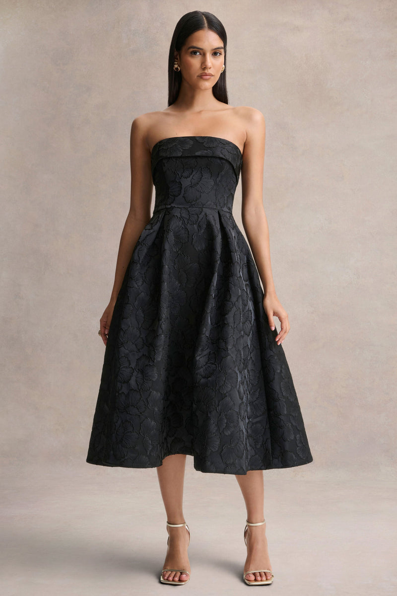 Zuma | Vestido midi negro de jacquard metálico sin tirantes