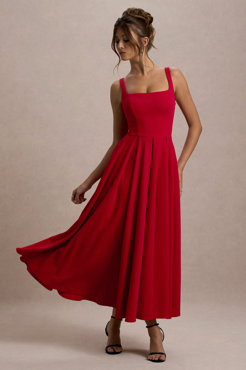 Parina | Vestido midi rojo de tirantes con bajo voluminoso