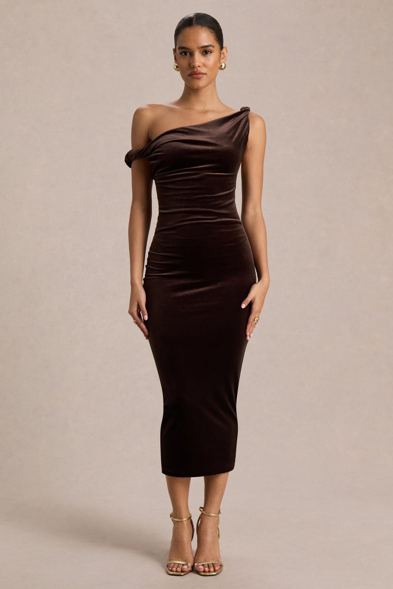 Carella | Vestido midi asimétrico de terciopelo marrón con detalle retorcido