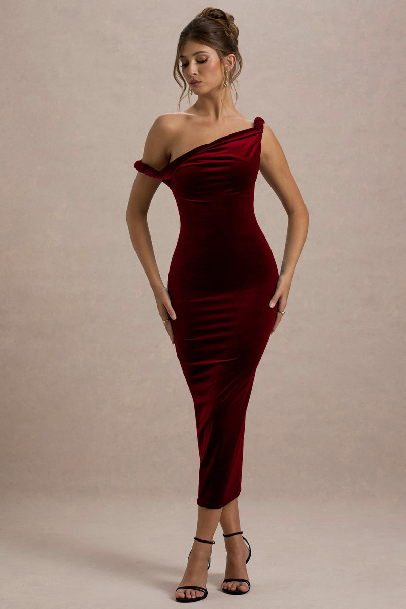 Carella | Vestido midi asimétrico de terciopelo color baya con detalle retorcido