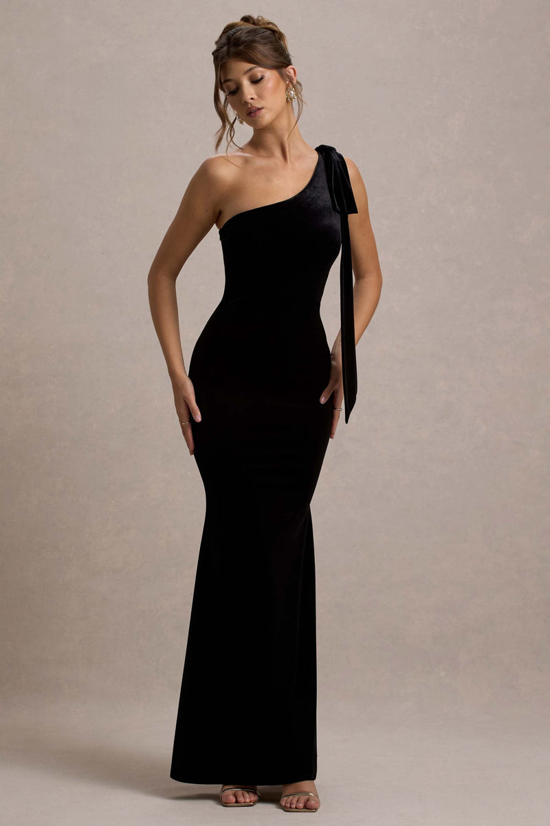 Jillian | Vestido largo asimétrico de terciopelo negro con tirante de lazo