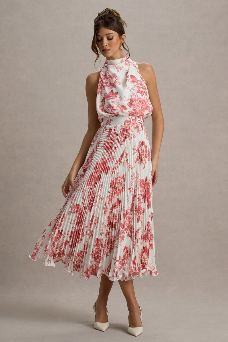 Nila | Vestido midi de cuello drapeado con estampado de porcelana rosa y falda plisada
