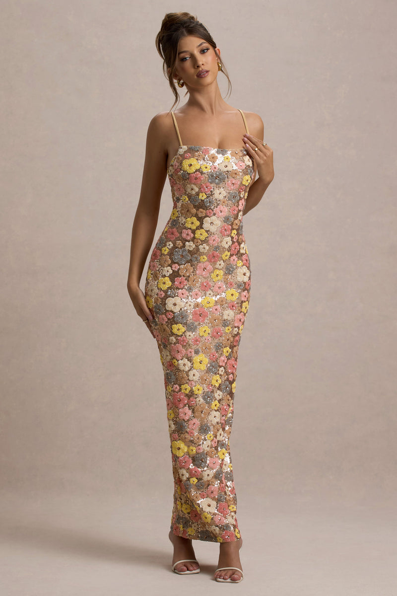 Vitora | Vestido maxi con estampado floral en tonos pastel, lentejuelas decorativas y escote cuadrado