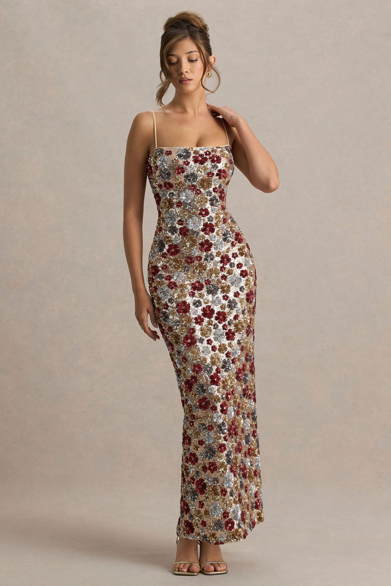 Vitora | Vestido largo rojo de lentejuelas con adornos florales y escote cuadrado