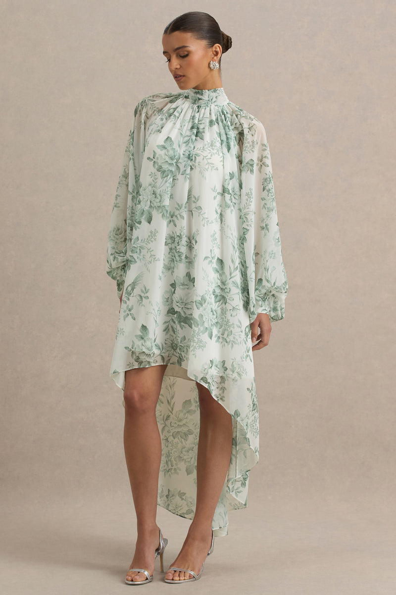 Delphia | Vestido largo verde con estampado floral y cuello alto