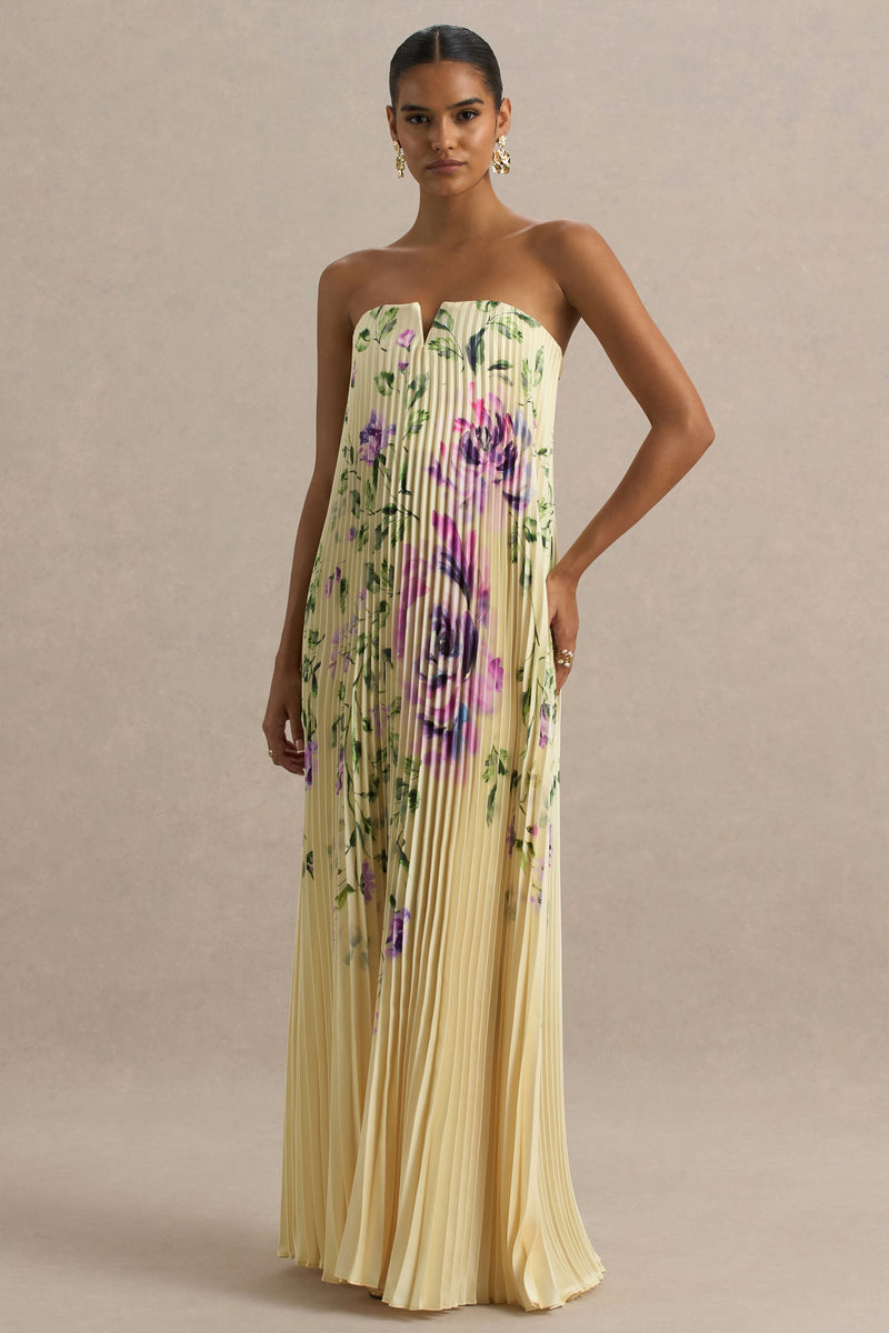 Bergamota | Vestido largo de satén con estampado de limones y rosas y escote corazón