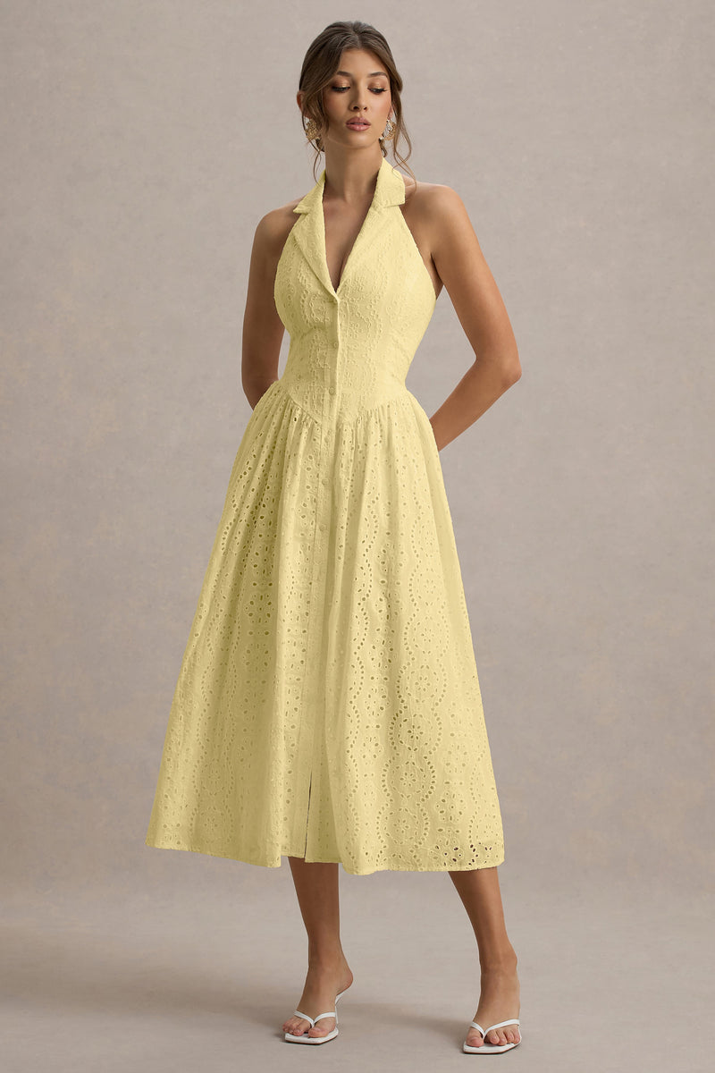 Jezebel | Vestido midi amarillo de encaje con cuello y escote pronunciado