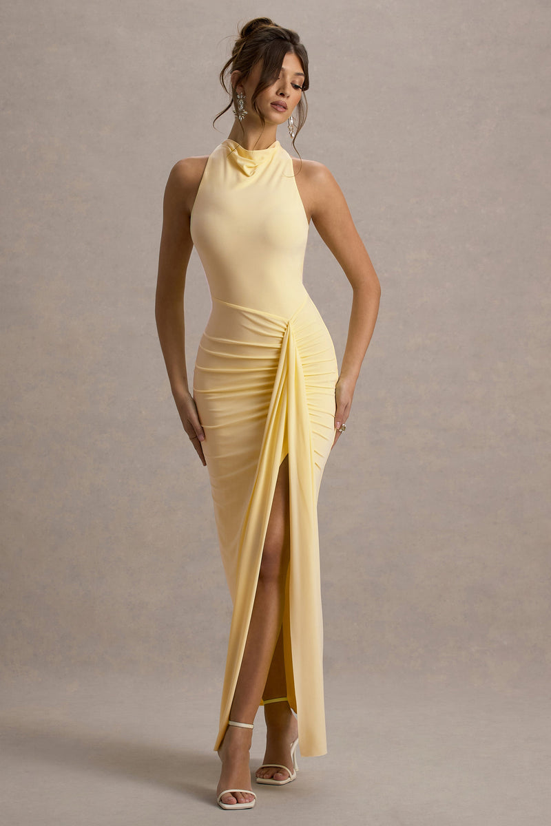 Sunflower | Vestido largo amarillo limón pálido, fruncido, con cuello alto y abertura
