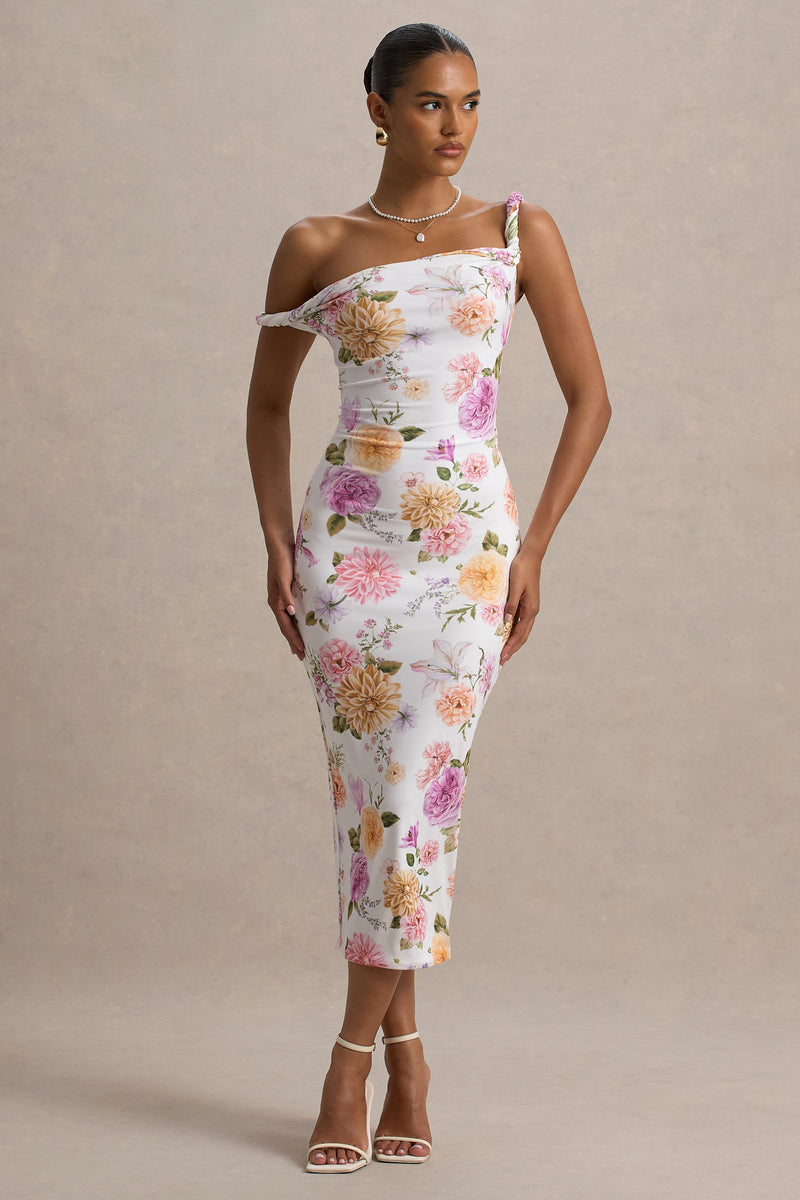Nora | Vestido midi asimétrico con detalle retorcido y estampado floral en melocotón y lila