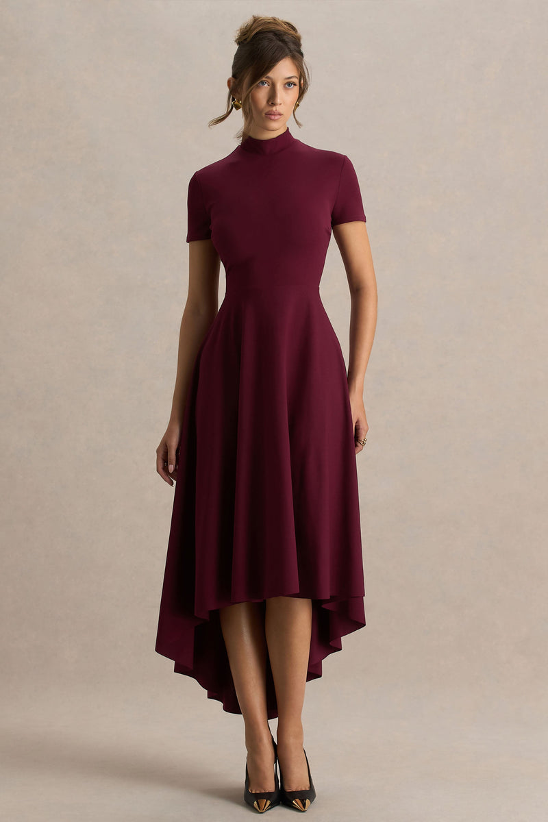 Bellona | Vestido midi burdeos de cuello alto y bajo asimétrico
