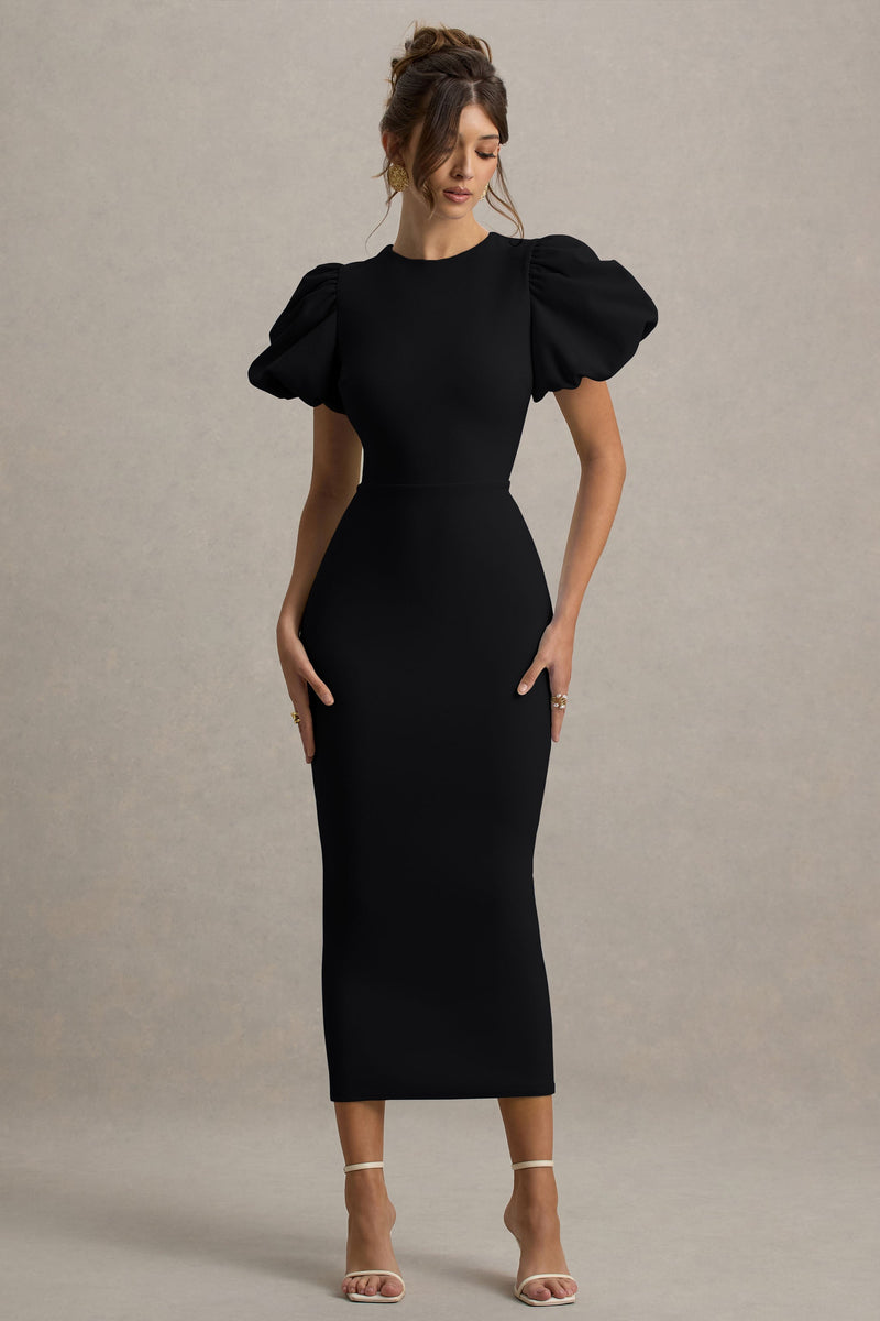 Dakota | Vestido midi negro de mangas abullonadas