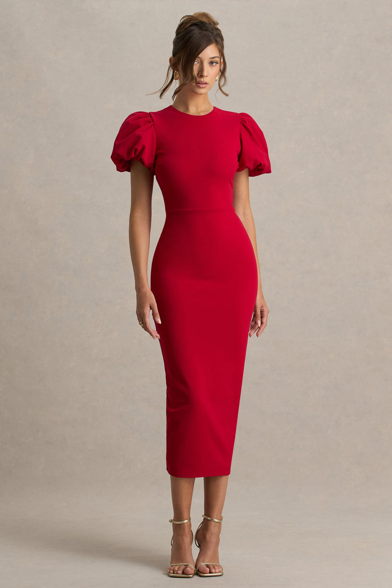 Dakota | Vestido midi rojo con mangas abullonadas