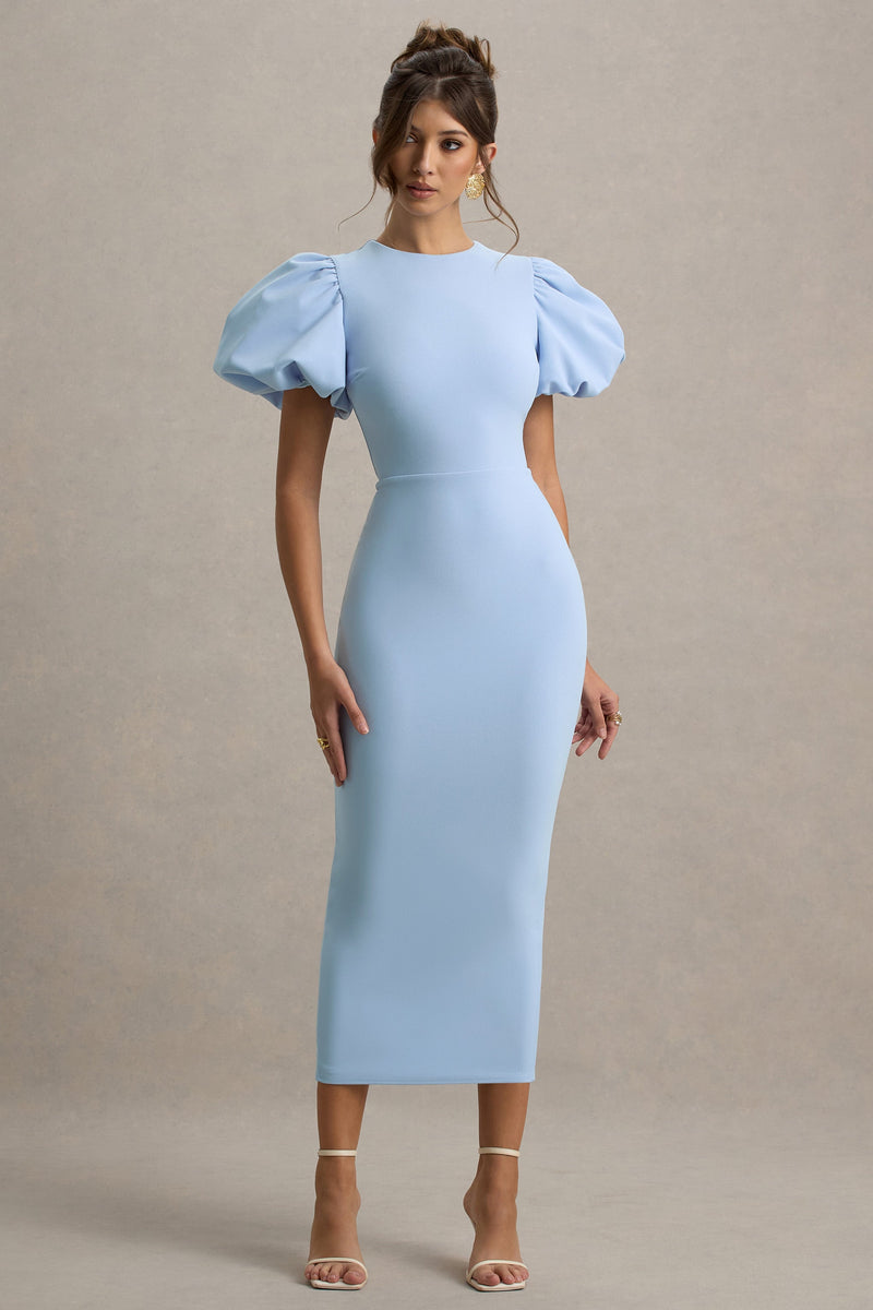 Dakota | Vestido midi azul empolvado con mangas abullonadas