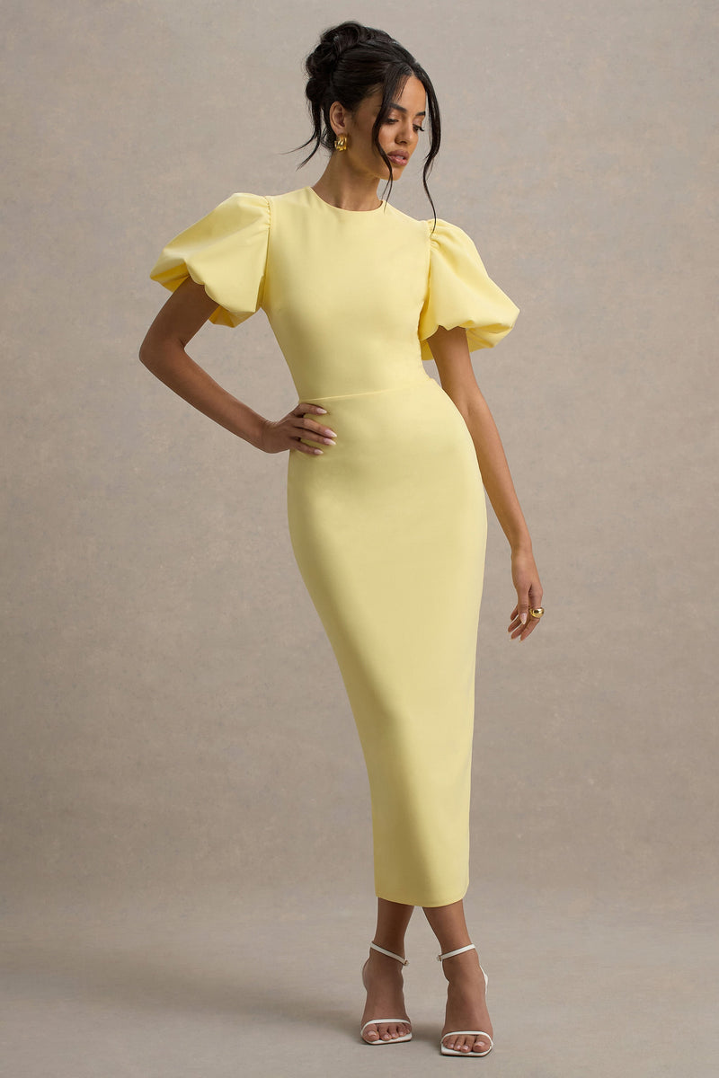 Dakota | Vestido midi color limón con mangas abullonadas