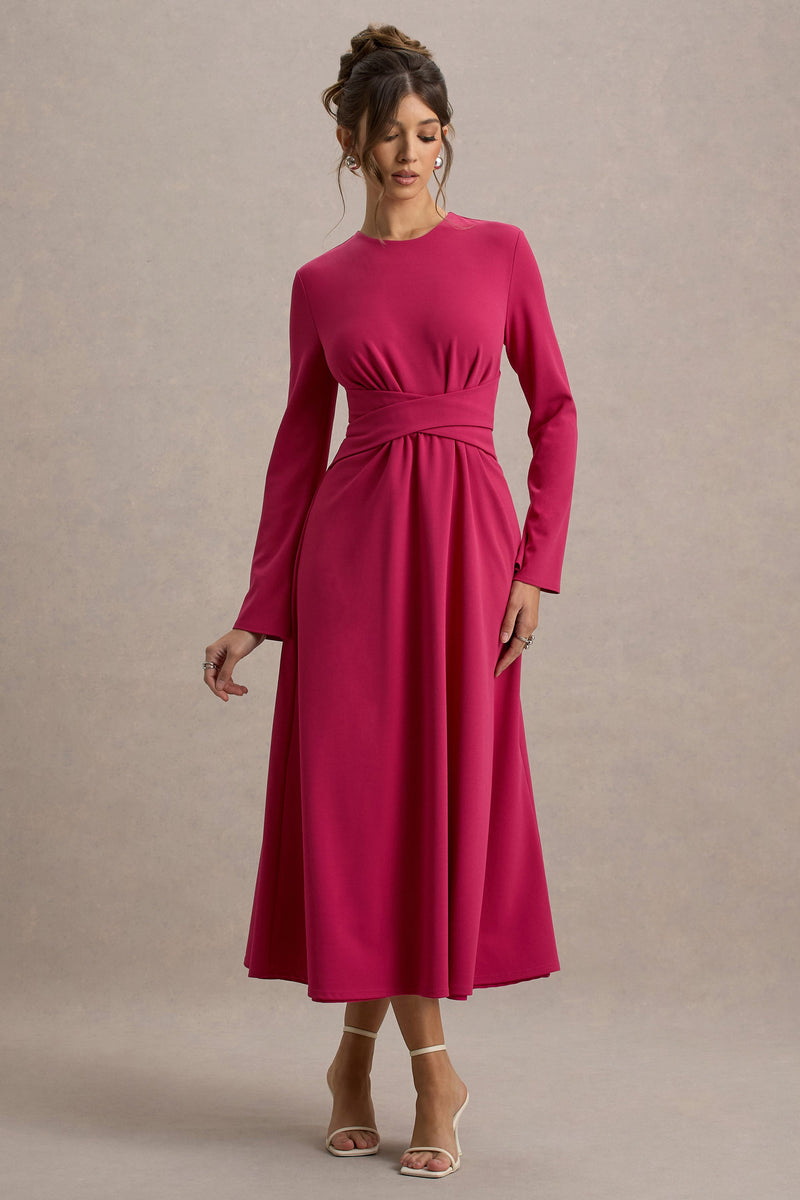 Cassiopeia | Vestido midi rosa intenso de manga larga con cintura cruzada
