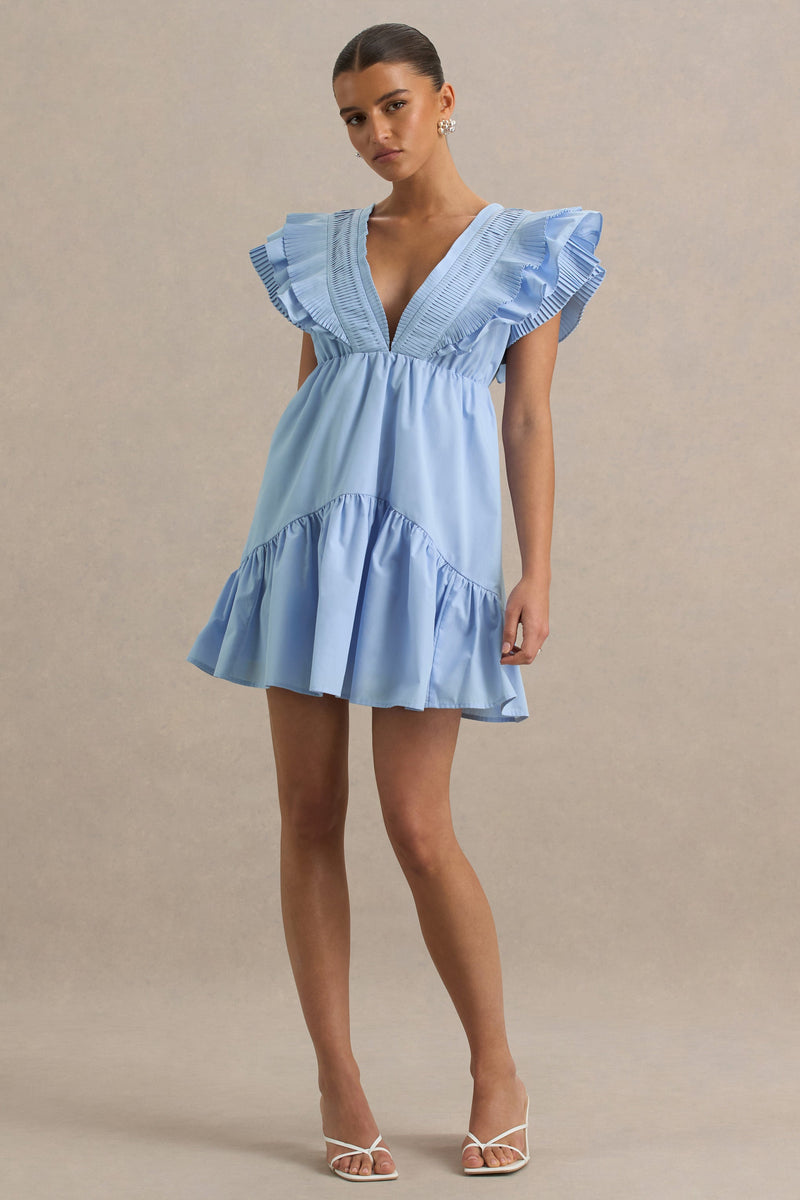 Judie | Minivestido azul de popelina con escote en V y volantes