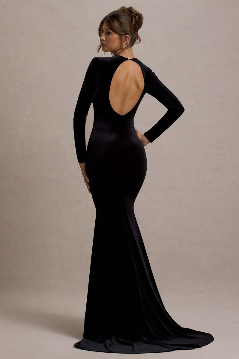Keaton | Vestido largo de terciopelo negro con mangas largas y espalda descubierta