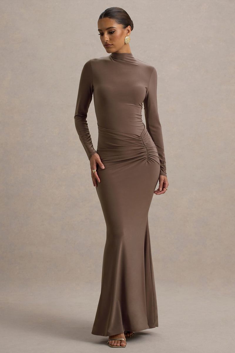 Reid | Vestido largo marrón de manga larga con fruncido